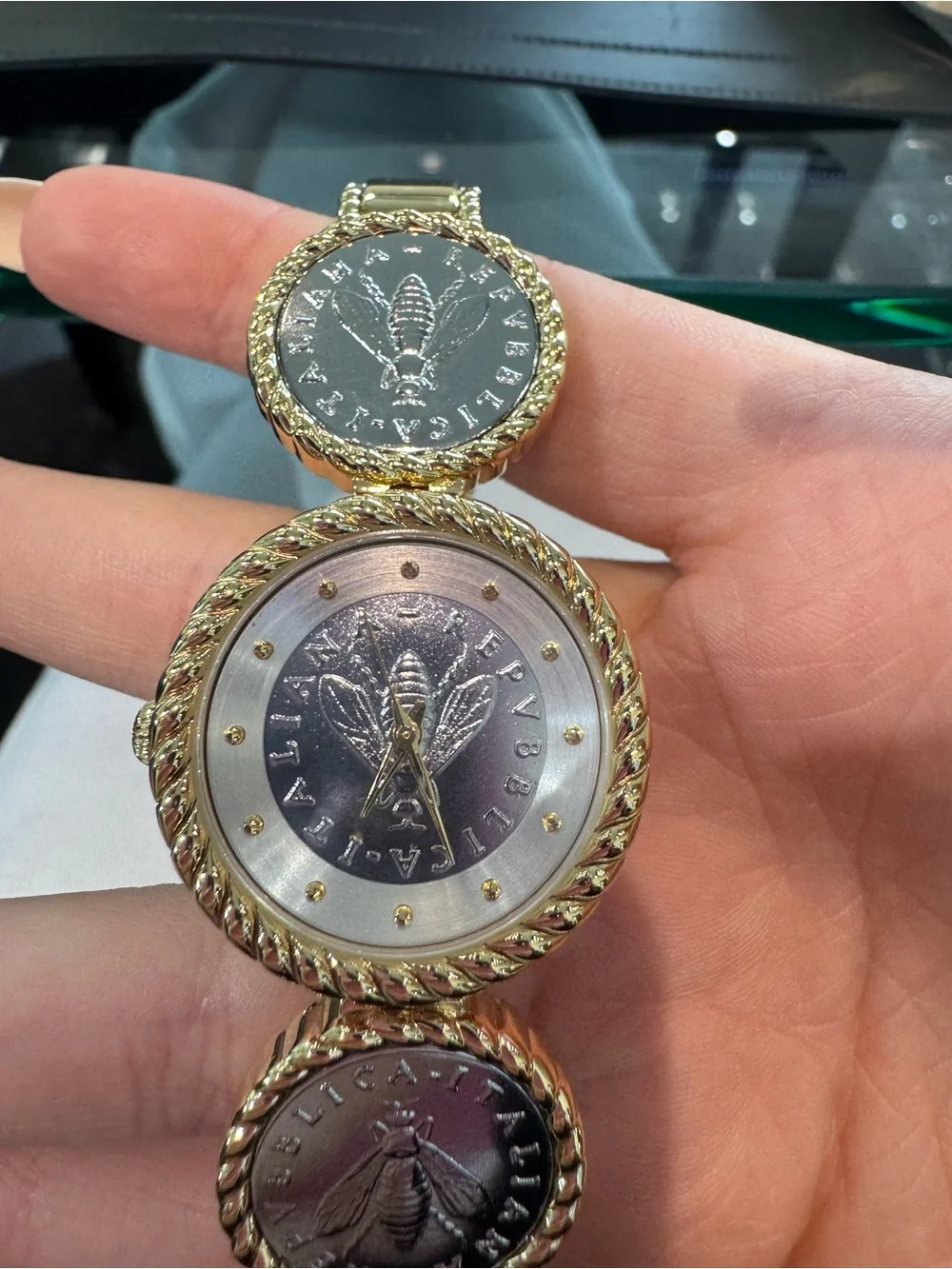 Bellezza 2-Lira Italian Bee Coin Tri-Tone Medallion Dress Watch